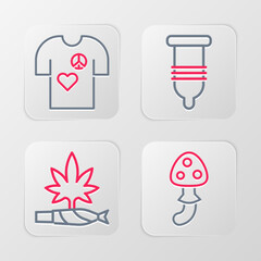 Sticker - Set line Psilocybin mushroom, Marijuana joint, spliff, Condom and Peace t-shirt print stamp icon. Vector