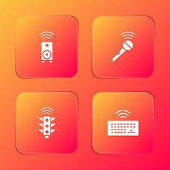 Sticker - Set Smart stereo speaker, Wireless microphone, traffic light and keyboard icon. Vector