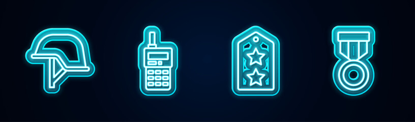 Sticker - Set line Military helmet, Walkie talkie, rank and reward medal. Glowing neon icon. Vector