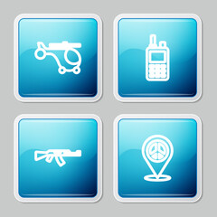 Sticker - Set line Helicopter, Walkie talkie, Submachine gun and Location peace icon. Vector