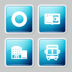 Poster - Set line Laurel wreath, Audio book, Hotel building and Bus icon. Vector