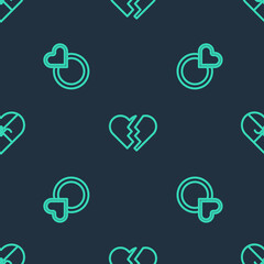 Sticker - Set line Broken heart, Wedding rings and Candy shaped box on seamless pattern. Vector