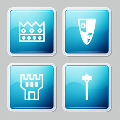 Wall Mural - Set line King crown, Shield, Castle tower and Medieval chained mace ball icon. Vector