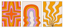 A Set Of Colorful Modern Posters. Vector Backgrounds In Retro Style. Distorted Wavy Shapes, A Rainbow Poster, A Hypnotizing Pattern. Templates In The Style Of The 70s. Home Decor