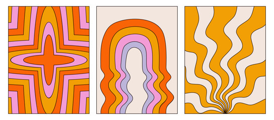 Wall Mural - a set of colorful modern posters. vector backgrounds in retro style. distorted wavy shapes, a rainbo