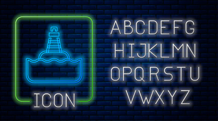 Glowing neon Floating buoy on the sea icon isolated on brick wall background. Neon light alphabet. Vector