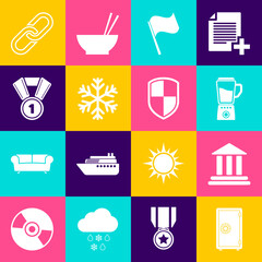 Sticker - Set Safe, Bank building, Blender, Flag, Snowflake and Medal icon. Vector