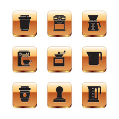 Sticker - Set Coffee cup to go, tamper, Manual coffee grinder, machine, Pour over maker, Electric kettle and icon. Vector