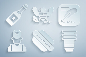 Sticker - Set Hotdog sandwich, Declaration of independence, Sheriff cowboy, Paper glass, Eagle and Champagne bottle icon. Vector