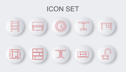 Sticker - Set line Water tap, Window with curtains, Clock, TV table stand, Chair, Grand piano, Shelf and Round icon. Vector