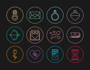 Sticker - Set line Heart in the center hourglass, Coffee cup and heart, Diamond engagement ring, Calendar with, Bow arrow, shape light bulb, and Envelope Valentine icon. Vector