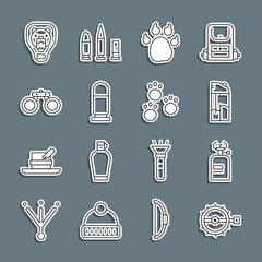 Sticker - Set line Trap hunting, Camping gas stove, Lighter, Paw print, Bullet, Binoculars, Bear head on shield and icon. Vector