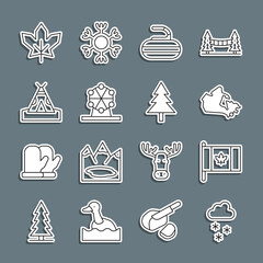 Sticker - Set line Cloud with snow, Flag of Canada, map, Stone for curling, Ferris wheel, Indian teepee wigwam, Canadian maple leaf and Christmas tree icon. Vector