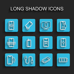  Set line Phone repair service, USB cable cord, Mobile with smart home, Glass screen protector, Battery, charging battery and Dead mobile icon. Vector