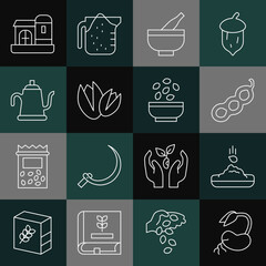 Sticker - Set line Sprout, Seed, Green peas, Mortar and pestle, Pistachio nuts, Watering can, Farm house and Seeds bowl icon. Vector