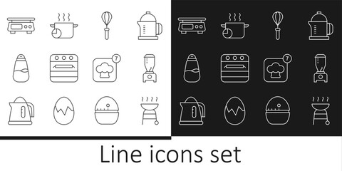 Poster - Set line Barbecue grill, Blender, Kitchen whisk, Oven, Salt, Electronic scales, Chef hat and Cooking pot icon. Vector