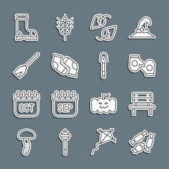 Sticker - Set line Candy, Bench, Christmas mitten, Leaf, Socks, Handle broom, Waterproof rubber boot and Shovel icon. Vector