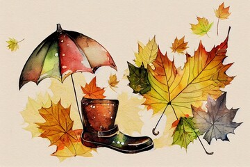 Sticker - Watercolor illustration of an umbrella with boots. Autumn leaves, greenery, grass, maple leaves. Autumn weather, rain., October, autumn2d style, anime style V1 High quality 2d illustration