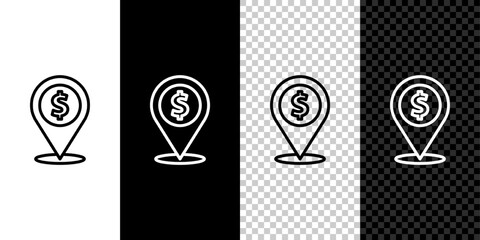 Poster - Set line Cash location pin icon isolated on black and white, transparent background. Pointer and dollar symbol. Money location. Business and investment concept. Vector