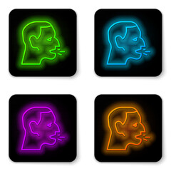 Sticker - Glowing neon line Man coughing icon isolated on white background. Viral infection, influenza, flu, cold symptom. Tuberculosis, mumps, whooping cough. Black square button. Vector