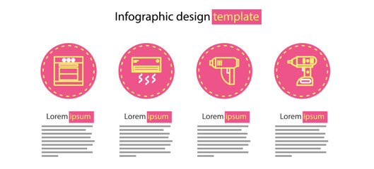 Poster - Set line Electric industrial dryer, cordless screwdriver, Air conditioner and Oven icon. Vector