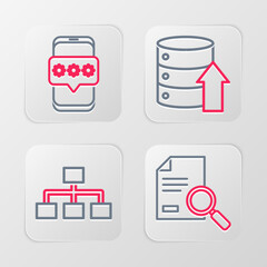 Poster - Set line Document with search, Hierarchy organogram chart, Server, Data, Web Hosting and Mobile and password icon. Vector