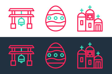 Sticker - Set line Church building, Japan Gate and Easter egg icon. Vector