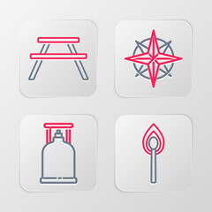 Sticker - Set line Burning match with fire, Camping gas stove, Wind rose and Picnic table benches icon. Vector