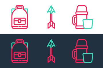 Sticker - Set line Thermos container and cup, Hiking backpack and Hipster arrow icon. Vector