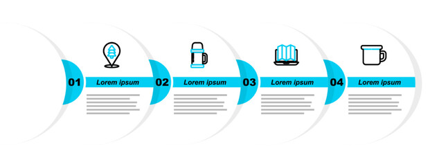 Canvas Print - Set line Camping metal mug, Location of the forest laptop, Thermos container and icon. Vector