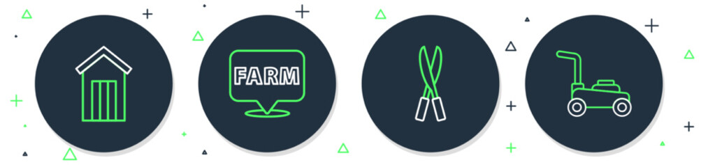 set line location farm, gardening handmade scissors, wooden outdoor toilet and lawn mower icon. vect