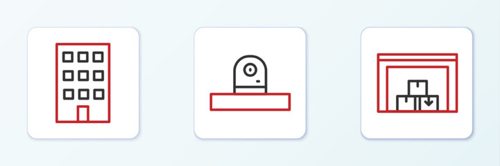 Sticker - Set line Warehouse, House and Security camera icon. Vector