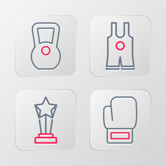 Sticker - Set line Boxing glove, Award cup, Wrestling singlet and Kettlebell icon. Vector