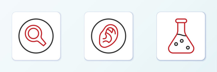 Sticker - Set line Test tube, Magnifying glass and Ear listen sound signal icon. Vector