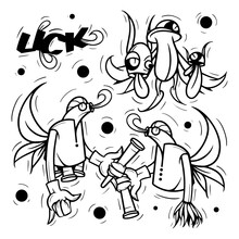 Very Cool And Artistic Set Of Doodle Vector Lick Monster. Black And White, Suitable For Doodle Design Elements, Murals, Coloring Books And Others.