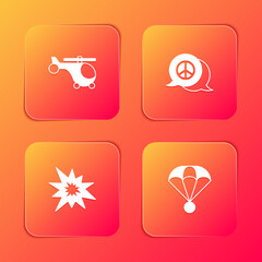 Sticker - Set Helicopter, Peace, Bomb explosion and Parachute icon. Vector