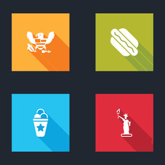 Sticker - Set Eagle, Hotdog sandwich, Ice cream in waffle cone and Statue of Liberty icon. Vector