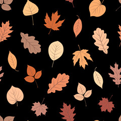 Wall Mural - Seamless pattern with autumn leaves on black background. Texture for print, textile, fabric, packaging. Hand drawn vector illustration. Pastel colors.
