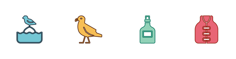 Sticker - Set Seagull sits on a buoy, Bird seagull, Rum bottle and Life jacket icon. Vector