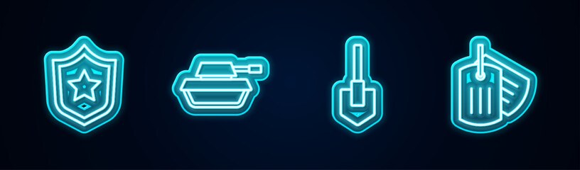 Sticker - Set line Police badge, Military tank, Shovel and dog tag. Glowing neon icon. Vector