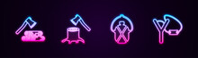 Set Line Wooden Axe And Wood, In Stump, Canteen Water Bottle And Slingshot. Glowing Neon Icon. Vector