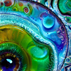 Wall Mural - beautiful acrylic, oil, water, glitter color abstract background. an eye made from paint pour. fluid