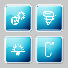 Sticker - Set line Earth globe and sun, Tornado, Sunrise and Celsius icon. Vector