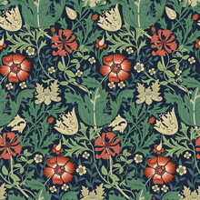 Floral Seamless Pattern With Red Flowers On Dark Background. Vector Illustration.