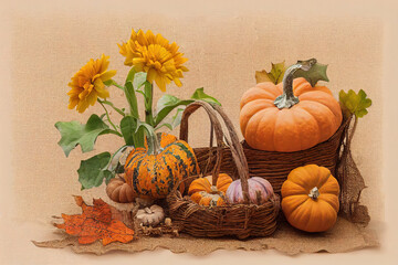 Canvas Print - Rustic autumn still life. Colorful autumn flowers, pumpkins, pattypan squashes on burlap on wooden table. Seasons greeting card, space for text. Happy Thanksgiving! Harvest time in countryside2d style