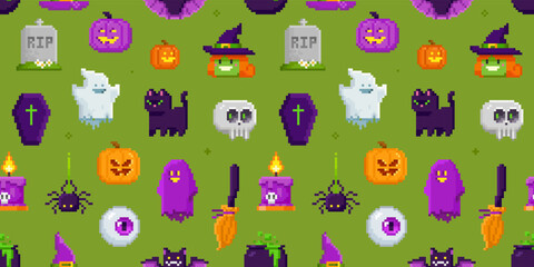 Wall Mural - Pixel art Halloween green seamless pattern. 8-bit witch, ghost, pumpkin, bat, night cat and other characters in retro computer game style. Cute endless cartoon background for Halloween design