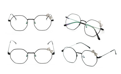 Wall Mural - Group of beautiful eyeglass frames isolated on white background. Spectacles. Costume Fashion.