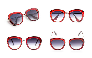 Wall Mural - Group of beautiful sunglasses isolated on white background. Costume Fashion.