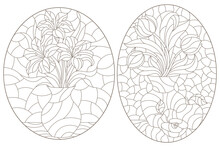Set Of Contour Illustrations In Stained Glass Style With Still Lifes, Flowers And Fruits, Dark Outlines On A White Background