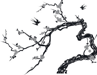 vector tree, sakura, swallows fly